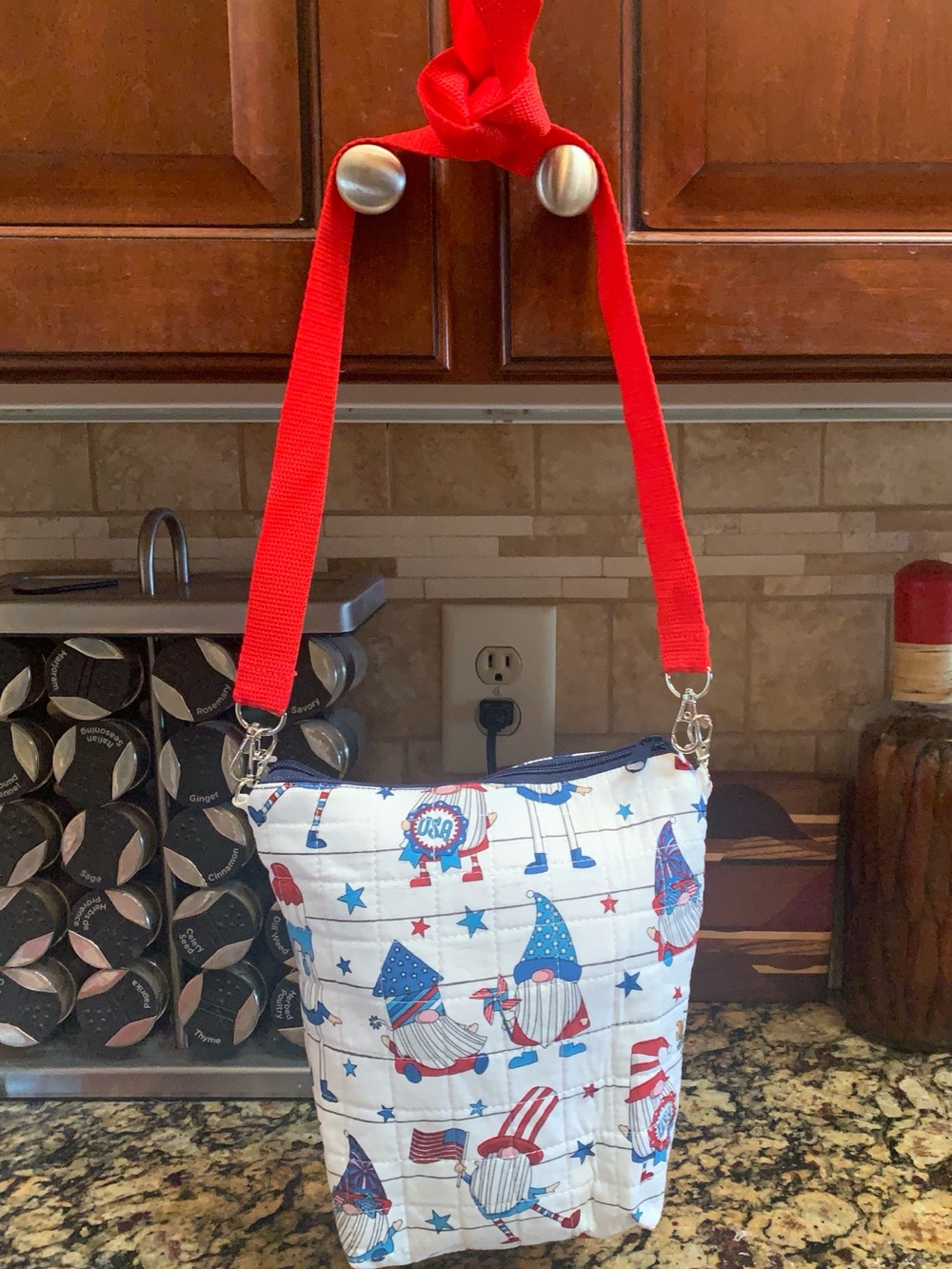 Quilted Patriotic Gnome Crossbody Bag with Red Strap